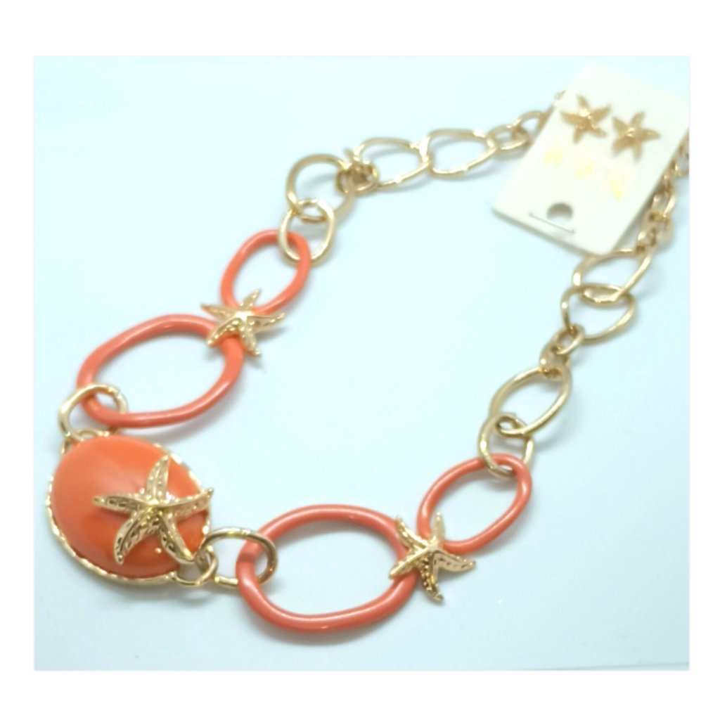 Starfish Necklace And Post Earrings Set Orange Gold 16 In. Costume Jewelry